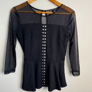 MNG Collection Women's Black Sheer Sleeve Peplum Top Brass Accents Size Small